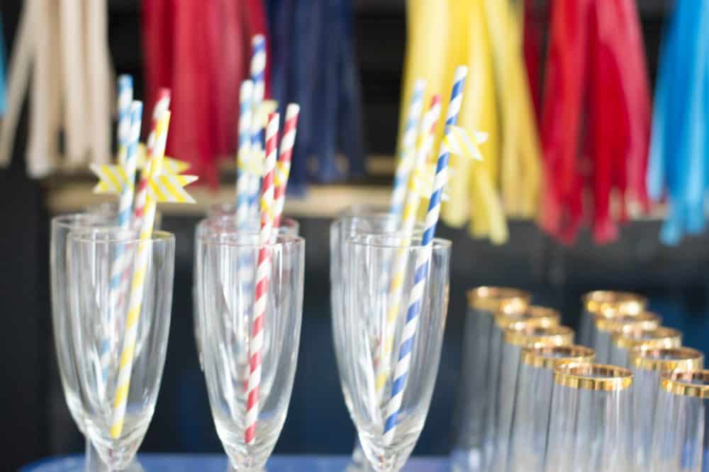 washi tape straws in champagne glasses