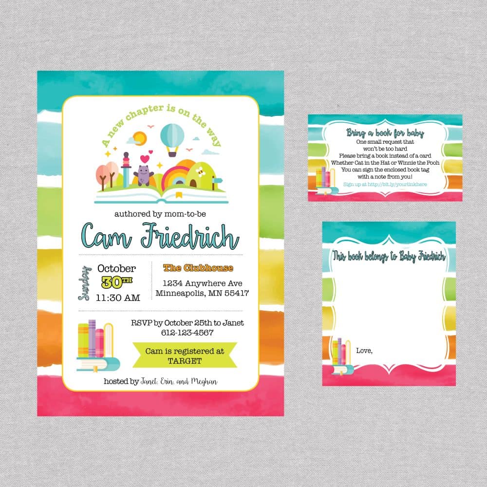 Rainbow Book Theme Baby Shower Invite and Book Labels by Elva M Design Studio