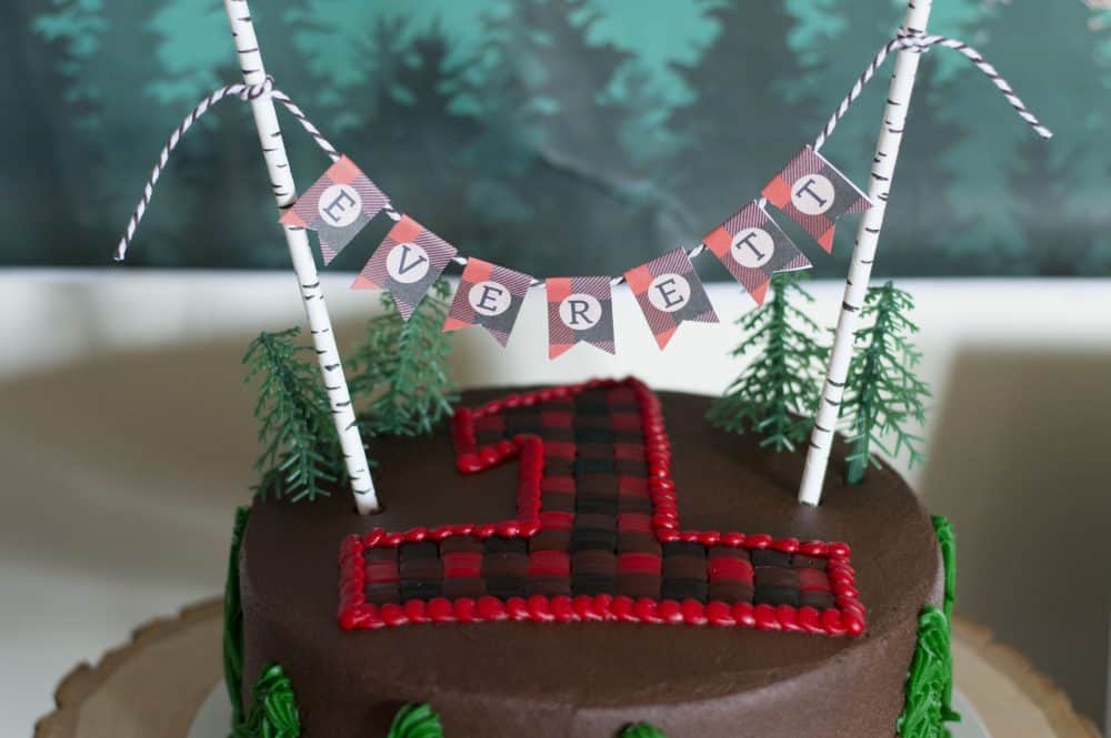 Lumberjack First Birthday Cake with Personalized Banner
