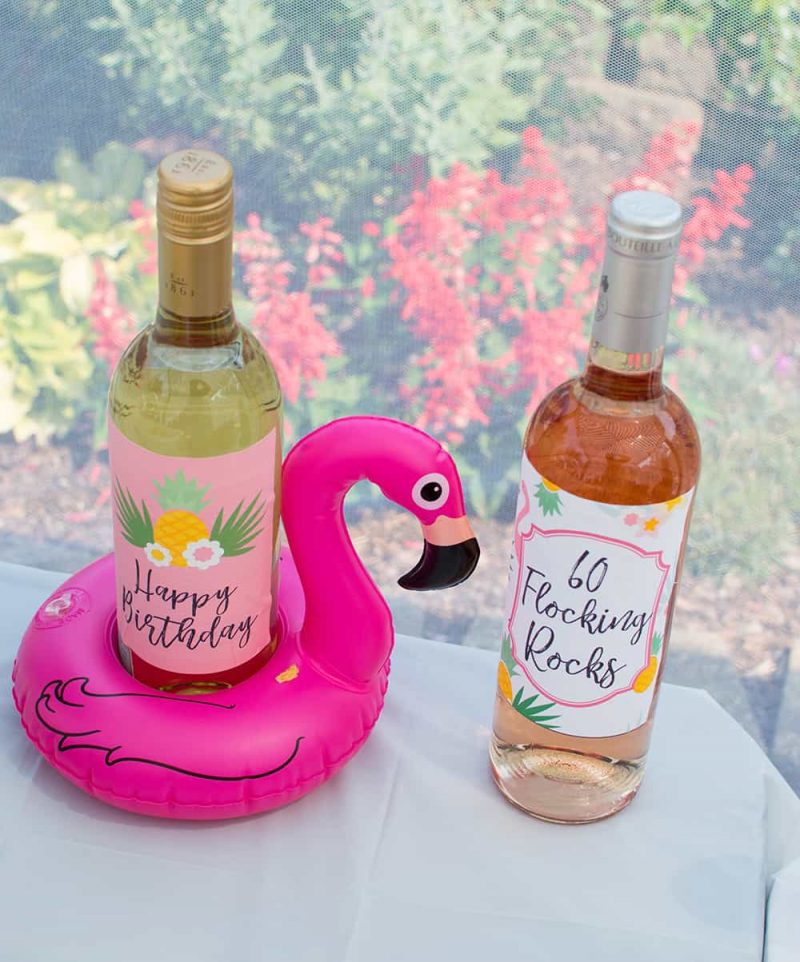 Flamingo Floatie and Custom Wine Labels