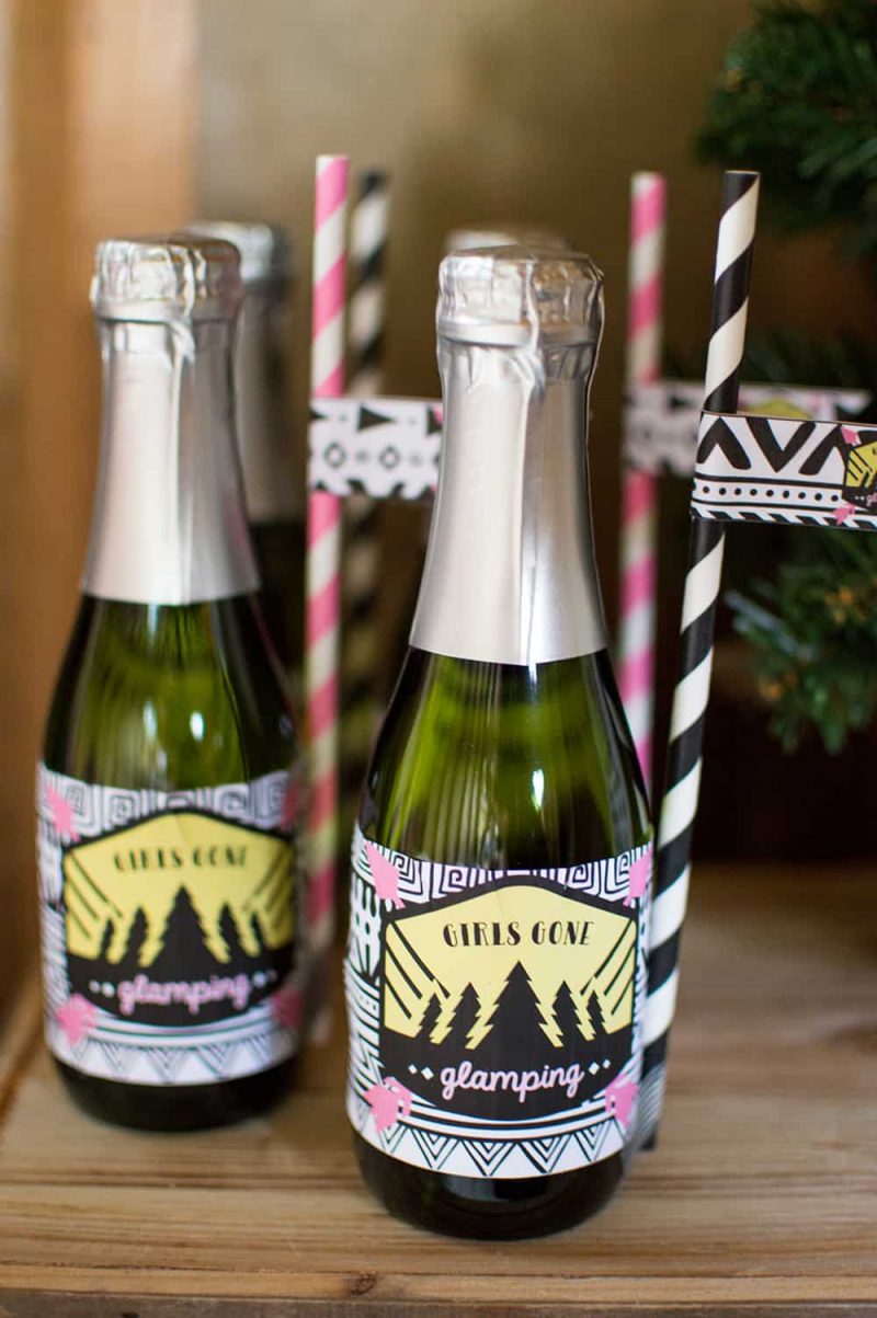 Girls Gone Glamping Champagne bottles and straw flags by Elva M Design Studio