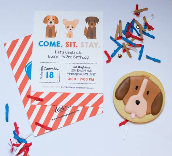 Puppy Party Invitation and custom sugar cookie styled by Elva M Design Studio