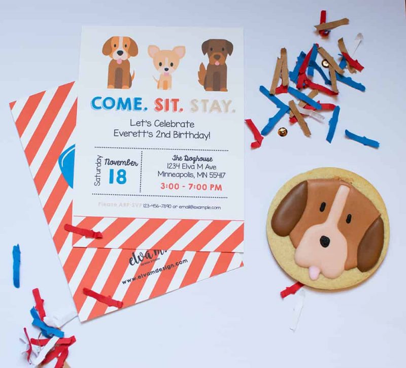 Puppy Party Invitation and custom sugar cookie styled by Elva M Design Studio