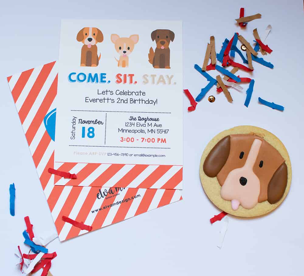 Puppy Party Invitation by Elva M Design Studio; Sugar Cookie by Amy's Cupcake Shoppe; FestiveFetti custom party confetti