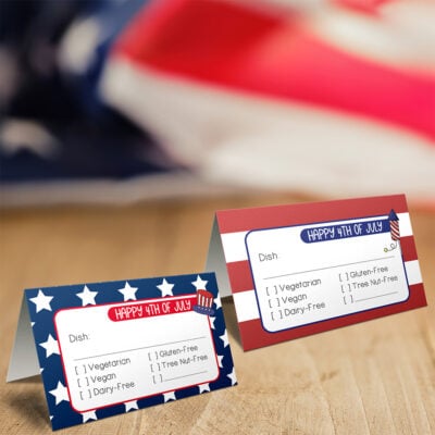 4th of July tent cards with allergen and food preference indicators