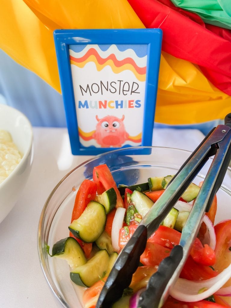 Monster Munchies party sign and salad