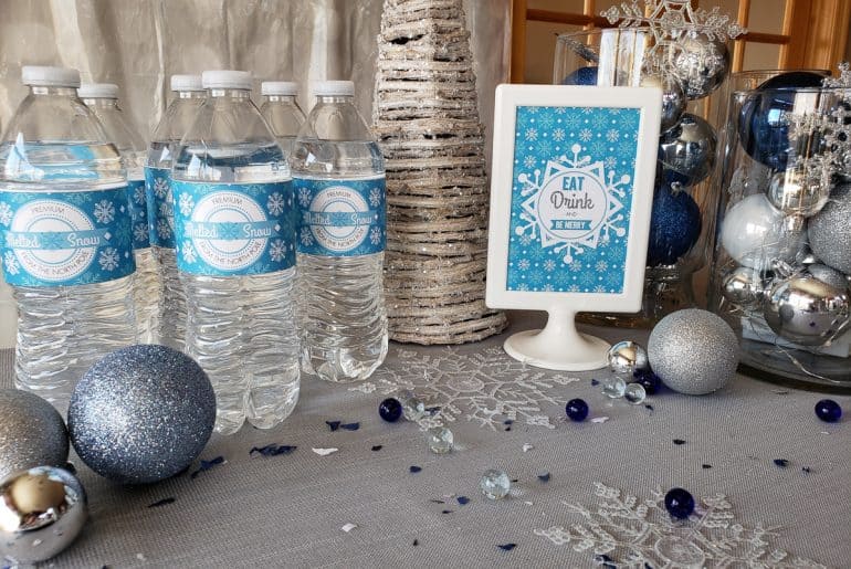 Throw a “Let It Snow” Holiday Party with Free Printables Water bottle wraps and sign free printables