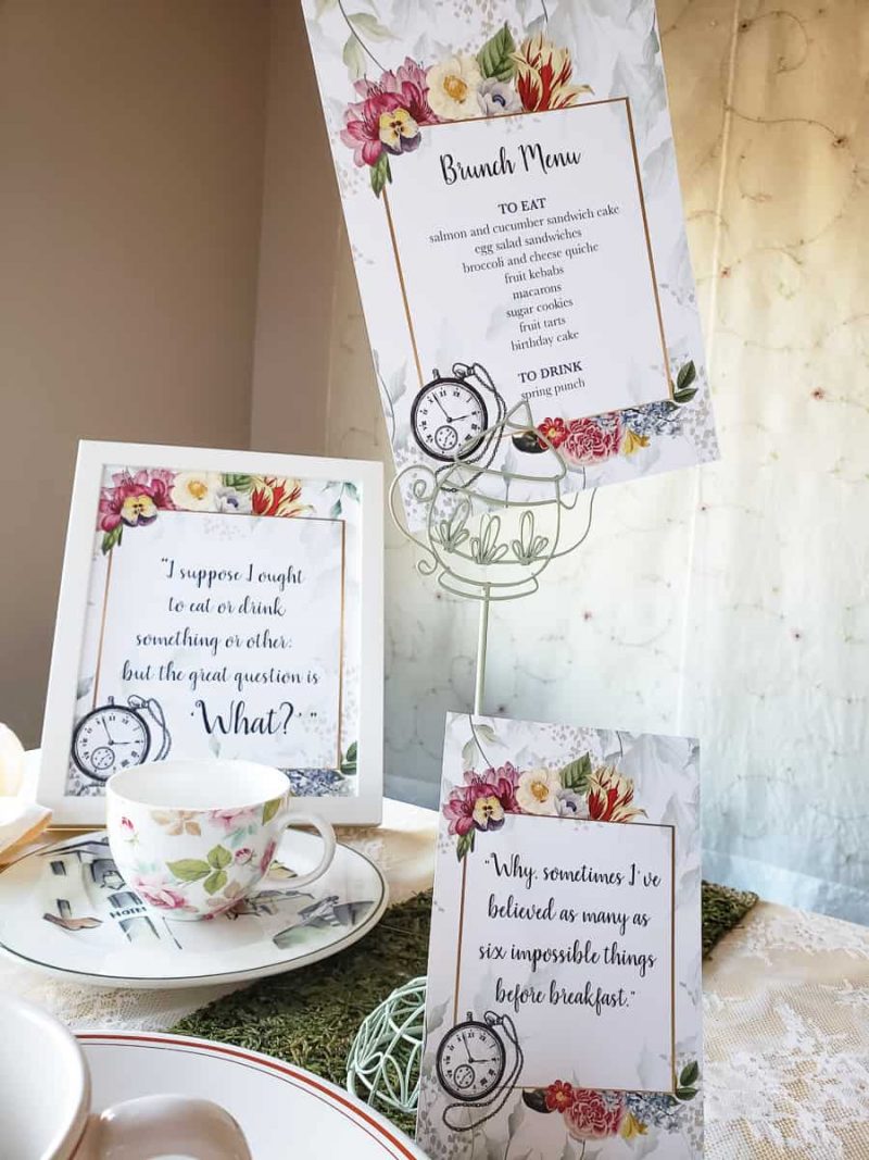 Alice in Wonderland brunch menu and party signs