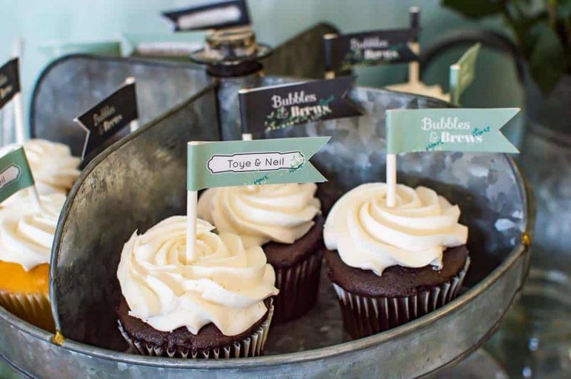 Bubbles and Brews bridal shower cupcake flags