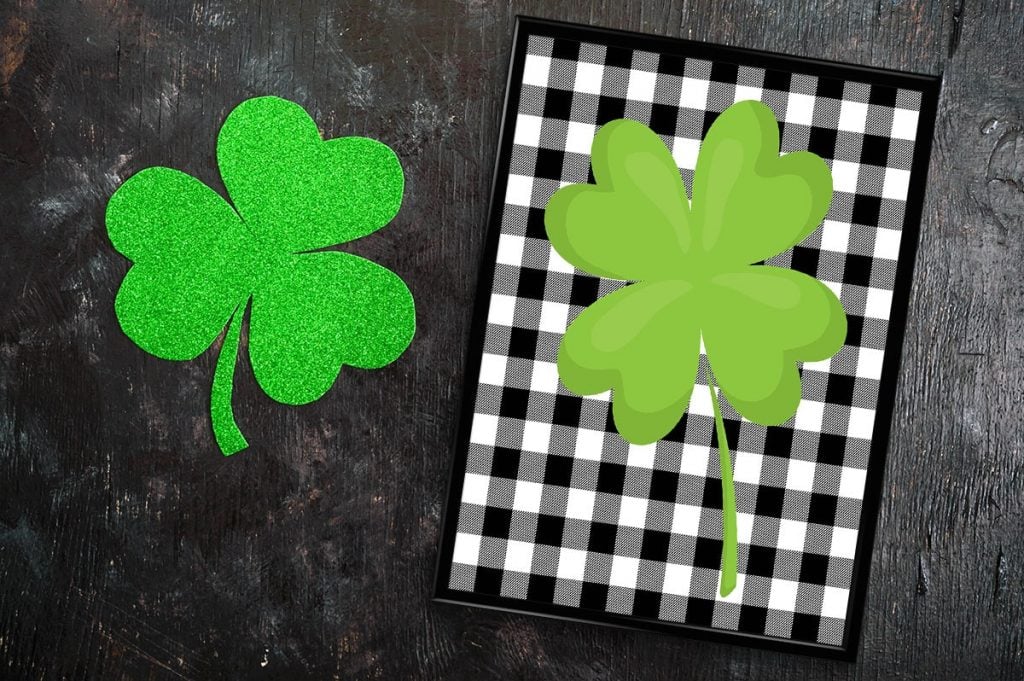 Farmhouse St. Patrick's Day Sign with four leaf clover on black and white buffalo check
