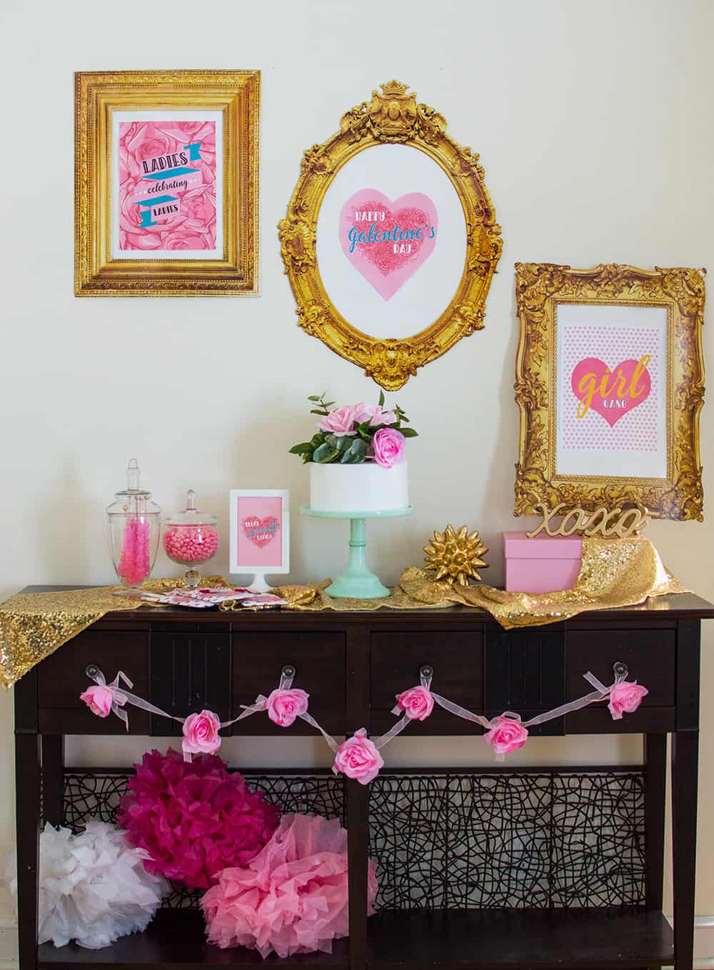 Girl Gang Galentine's Day Dessert Table styled by Elva M Design Studio. Learn how to put together this backdrop.