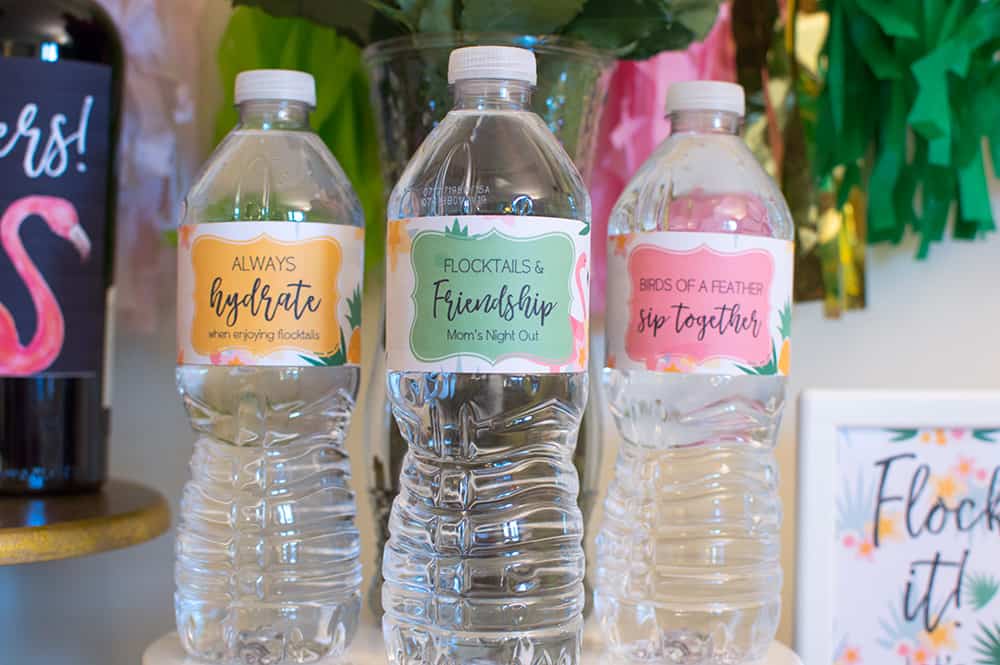 Custom water bottle labels for a Mom's Night Out flamingle