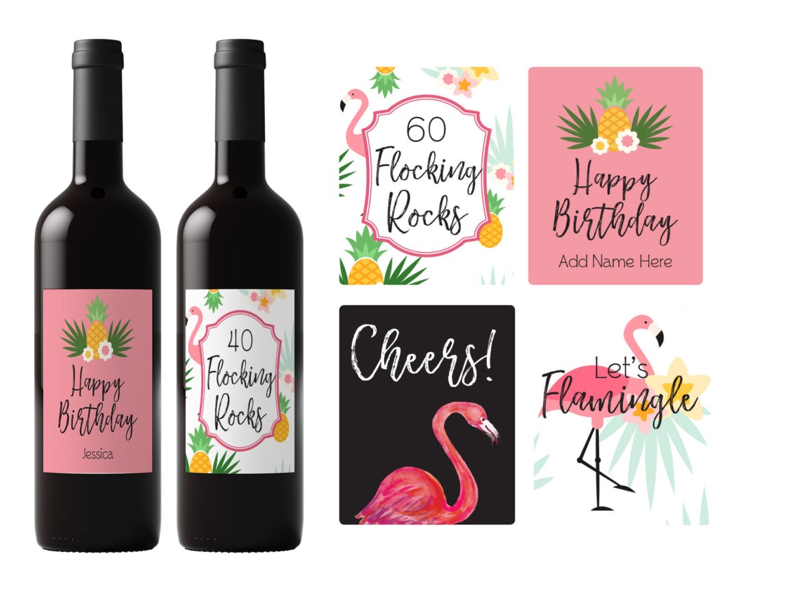 Flamingo Birthday Wine Labels - Elva M Design Studio