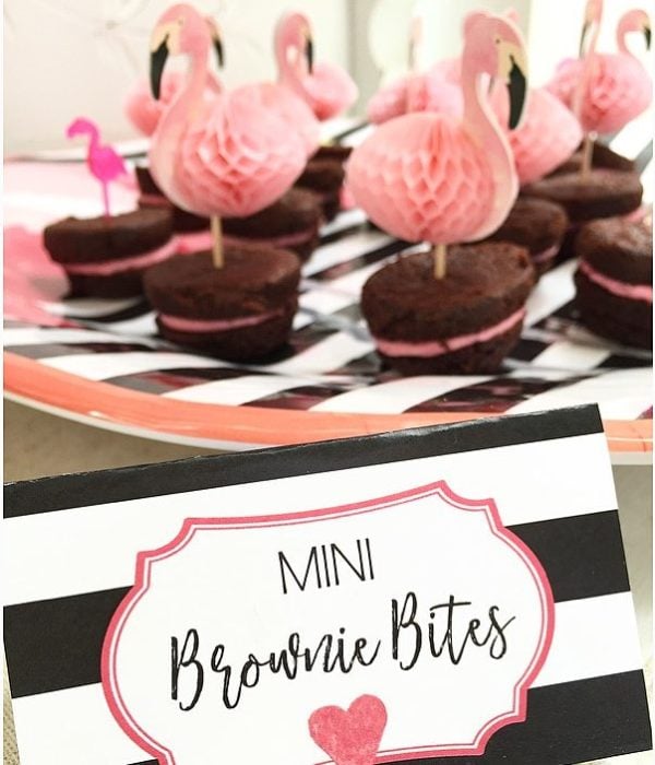Brownies with flamingo topper and custom tent card 