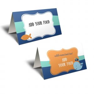 orange and blue whale food tent cards