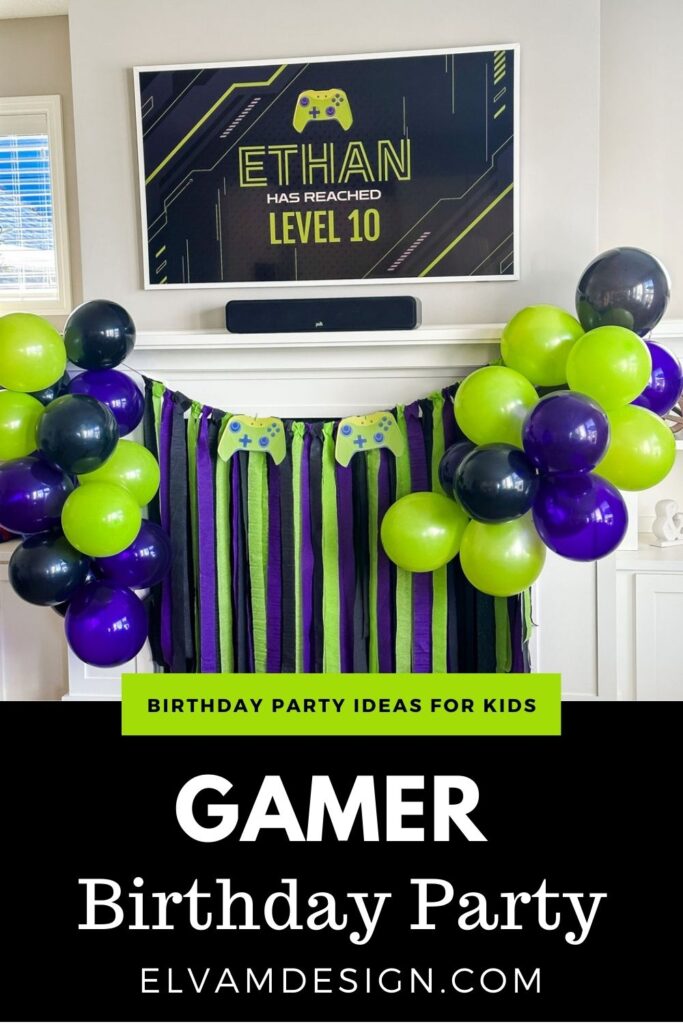 Planning a gamer birthday party? Get all the ideas from this Level 10 gaming bash — decor, food station, themed snack names, and fun printables.