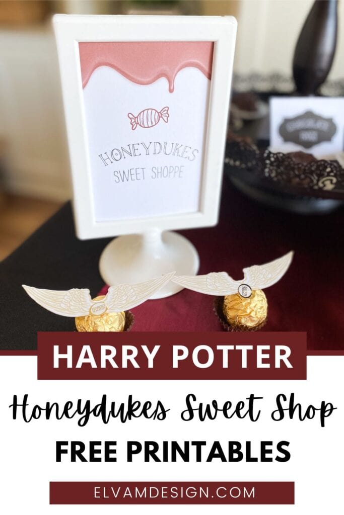 Create your own Honeydukes Sweet Shoppe with these free Harry Potter Honeydukes printables! Download 11 Harry Potter candy labels — Acid Pops, Fizzing Whizzbees, Chocolate Frogs, Golden Snitches, and more — plus a Honeydukes Sweet Shoppe sign and Quidditch Pitch sign. Perfect for any Harry Potter birthday party dessert table!