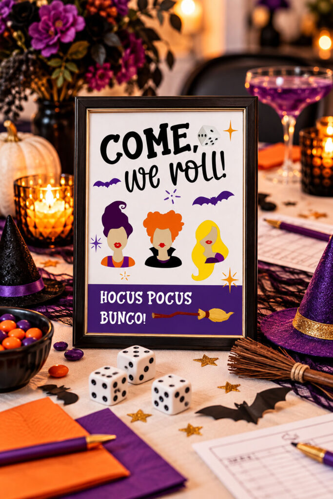 Hocus Pocus Halloween bunco "Come, We Roll!" printable sign with dice and witch hat decor