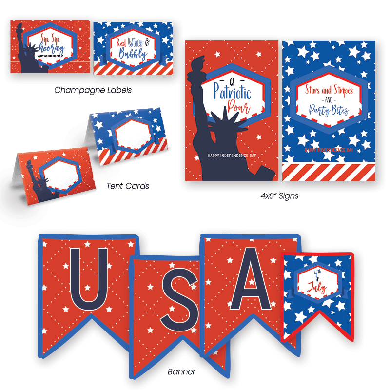 Lady Liberty 4th of July printable set: mini champagne labels, 4x6" signs, tent cars, and USA banner.