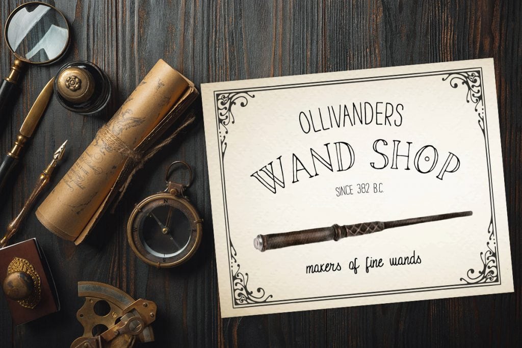 ollivanders wand shop sign on antique background