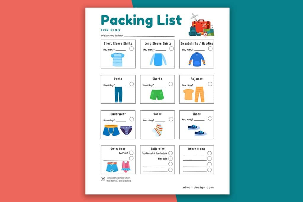 Travel Packing list printable for kids