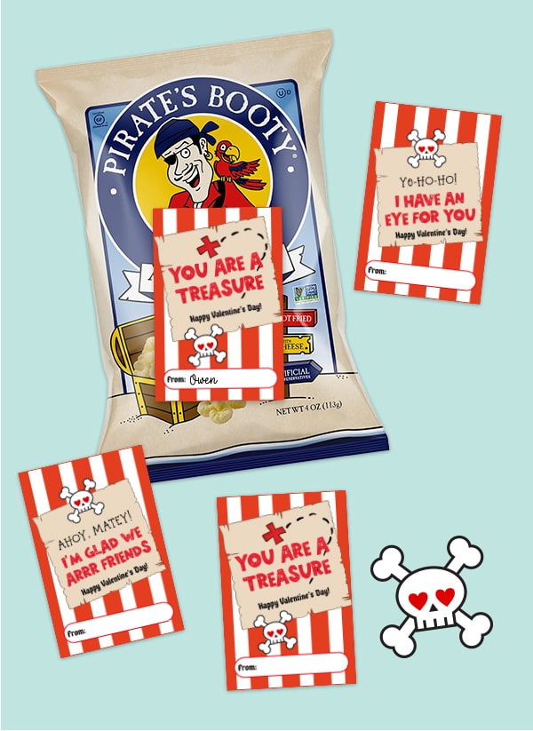 Pirate Valentine's Day cards can be attached to Pirate's Booty snack for a fun classroom handout.