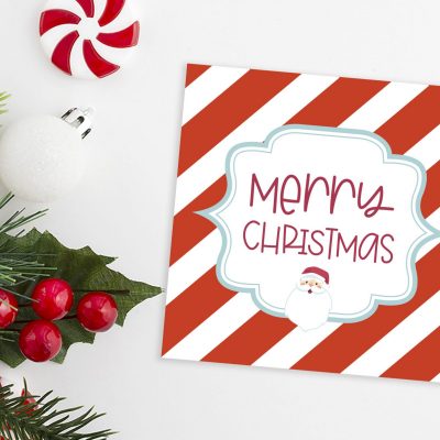 Merry Christmas tags with striped red background and santa claus image