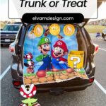 Easy Super Mario trunk ideas: a piranha plant, a question block candy box, paper plate coins, and a Hot Wheels race that steals the show. DIY it or shop it.