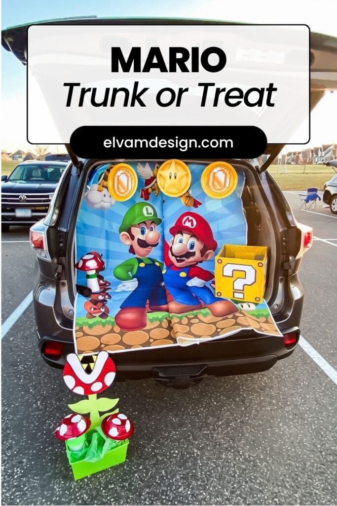 Easy Super Mario trunk ideas: a piranha plant, a question block candy box, paper plate coins, and a Hot Wheels race that steals the show. DIY it or shop it.