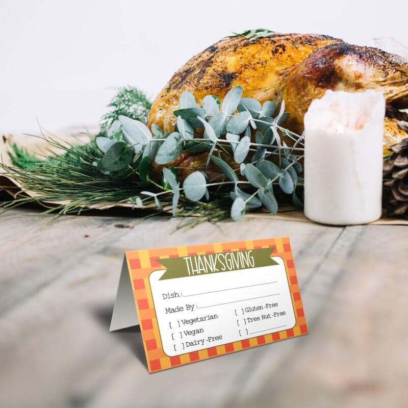 Thanksgiving potluck tent card with allergen information
